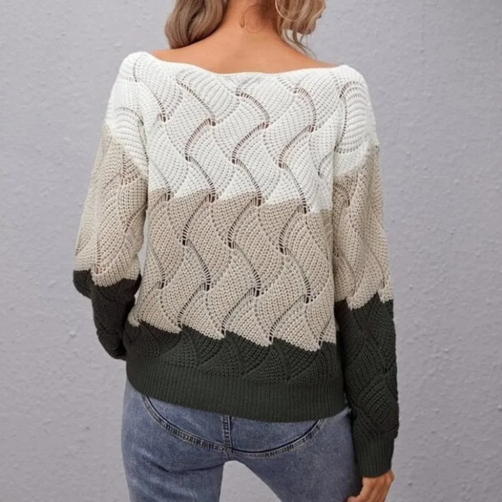 Boat Neck Casually Comfy Color Block Knit Sweater top - Picture 5 of 5